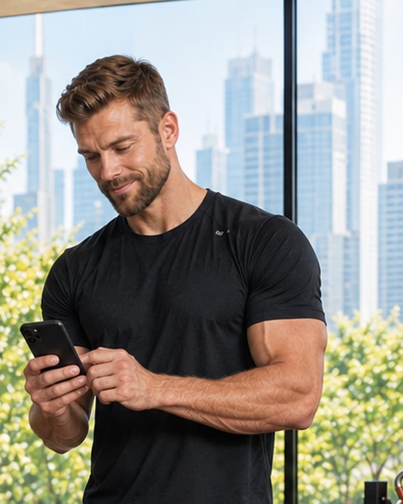 A trainer in his gym confirming the request on his phone.